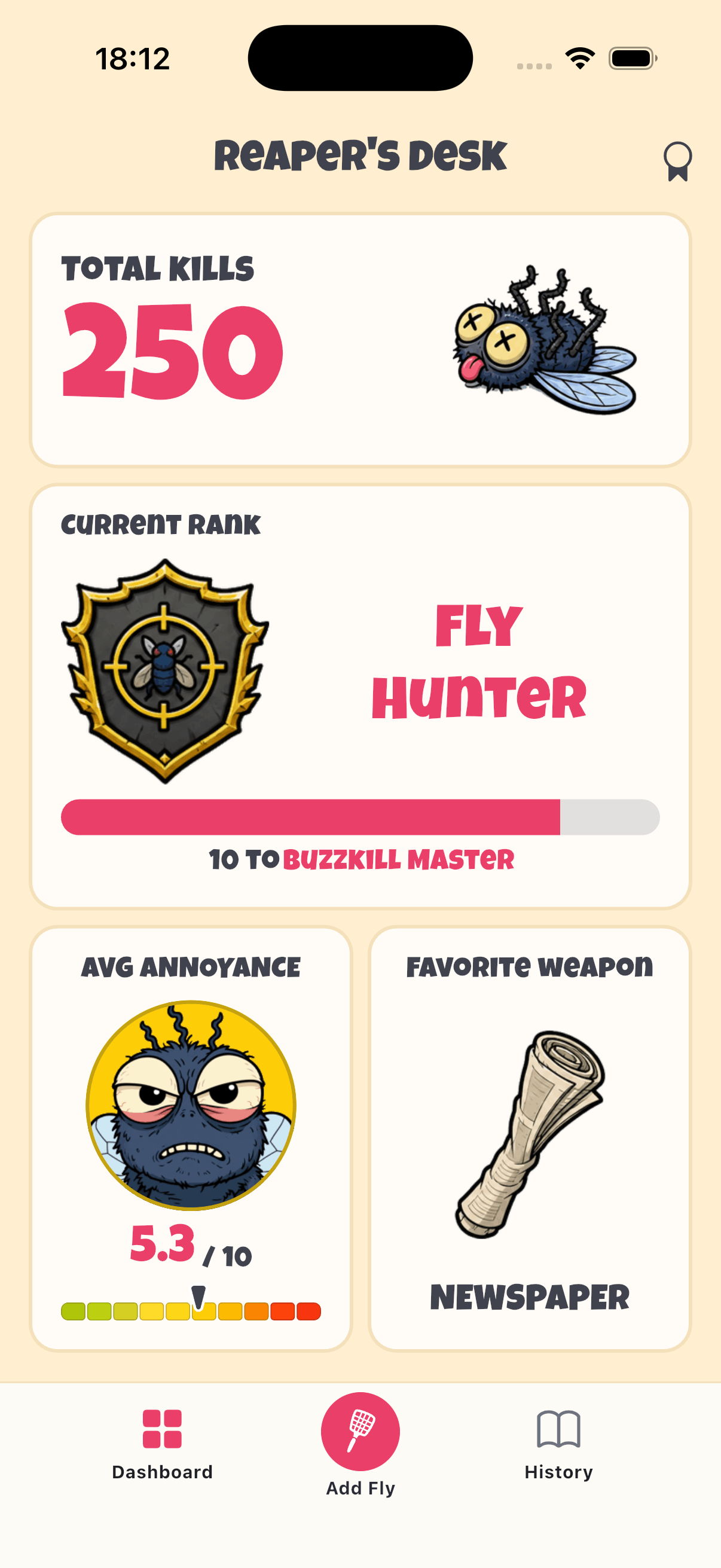 Fly Reaper dashboard with total kills, rank, and stats